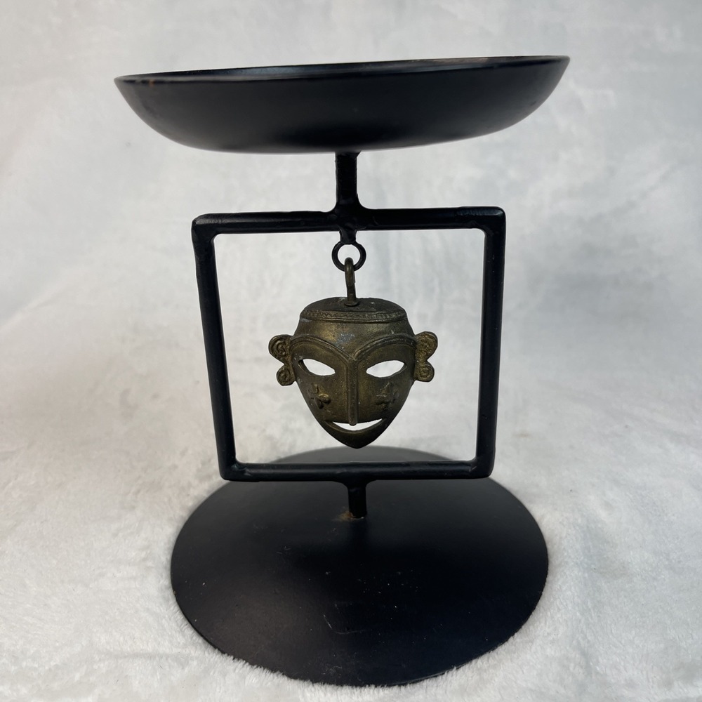 Black Metal Candle Holder Trinket Dish with Brass African Mask 6" Artisan Decor